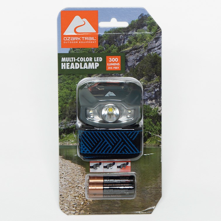 Ozark Trail AAA Batteries LED Headlamp, IPX4 Weather and Drop Resistant,  300 Lumen, Multi-Color