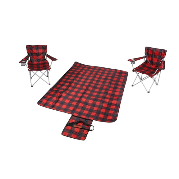 Ozark Trail Buffalo Plaid Set of 2 Camp Chairs with Blanket, Red