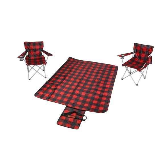 Ozark Trail Buffalo Plaid Set of 2 Camp Chairs with Blanket, Red