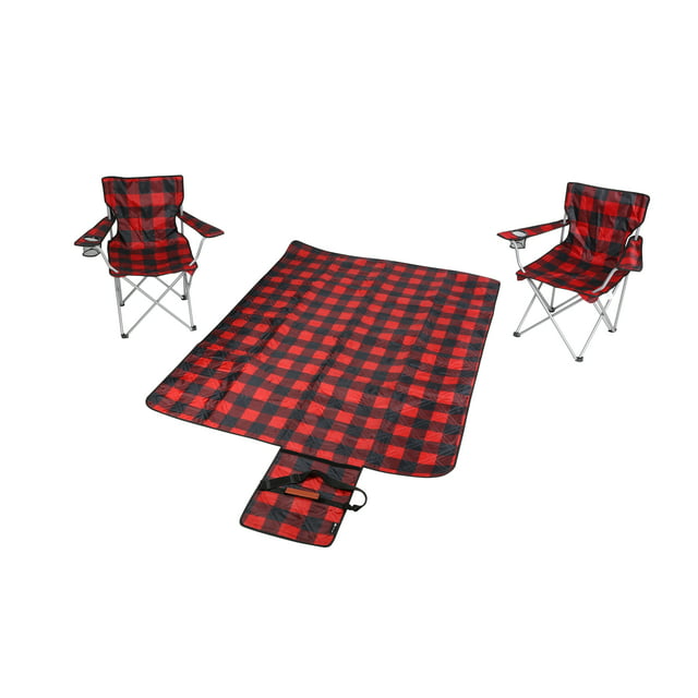 Ozark Trail 3 Piece Buffalo Plaid Camping Chairs and Blanket Combo, Red, Adult