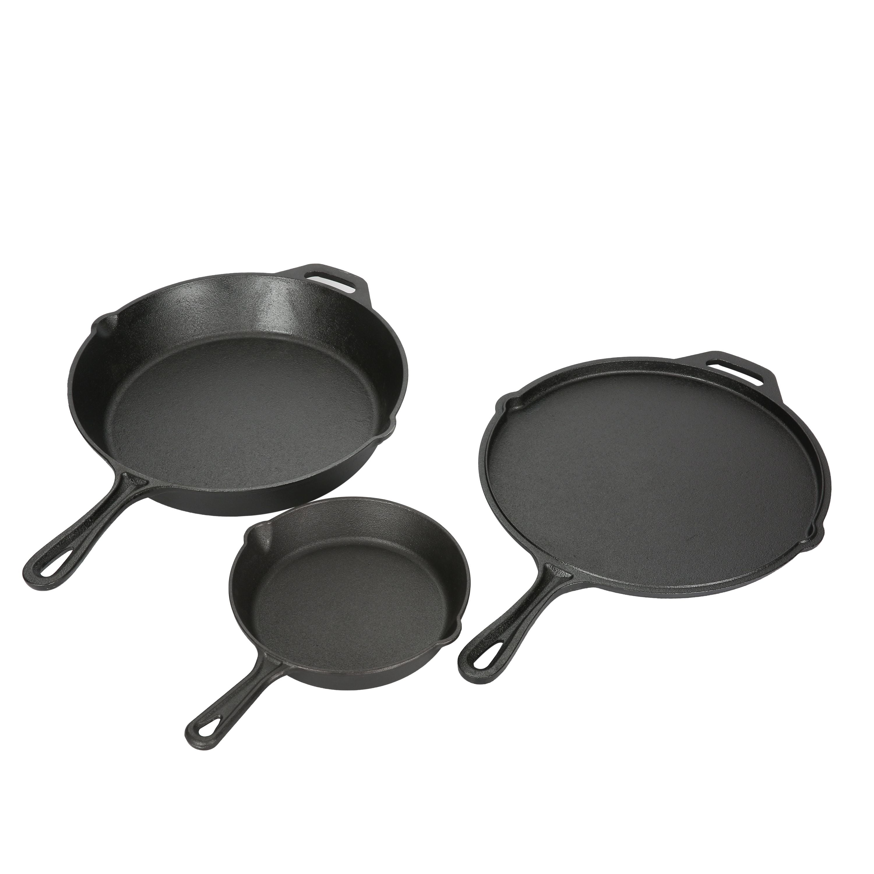 Ozark Trail 3 Piece Pre-Seasoned Cast Iron Skillet Set , 8" Skillet and Two 12" Locking Skillets