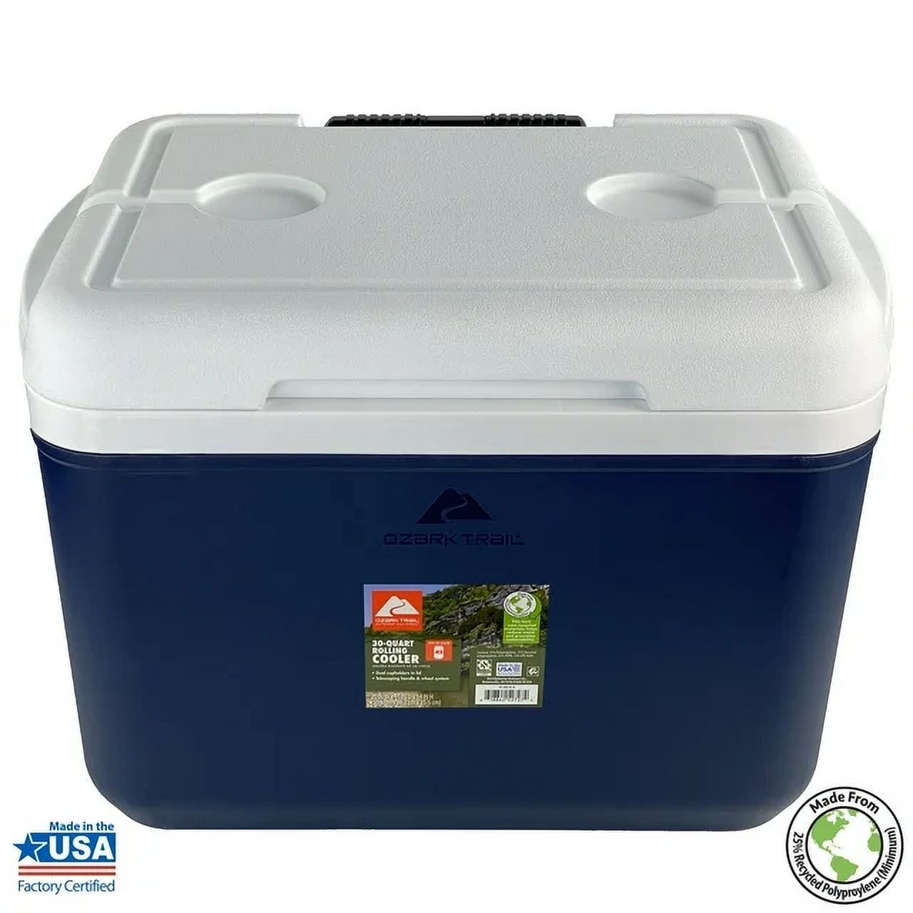 Blue 30 Quart Wheeled Cooler with Cup Holders