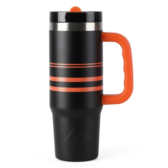 Ozark Trail 30 oz Stainless Steel Insulated Varsity Tumbler with Handle, Black and Orange Stripe