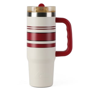 Termo de acero inoxidable aislado de 30 oz con asa, blanco con franjas universitarias rojas y negras