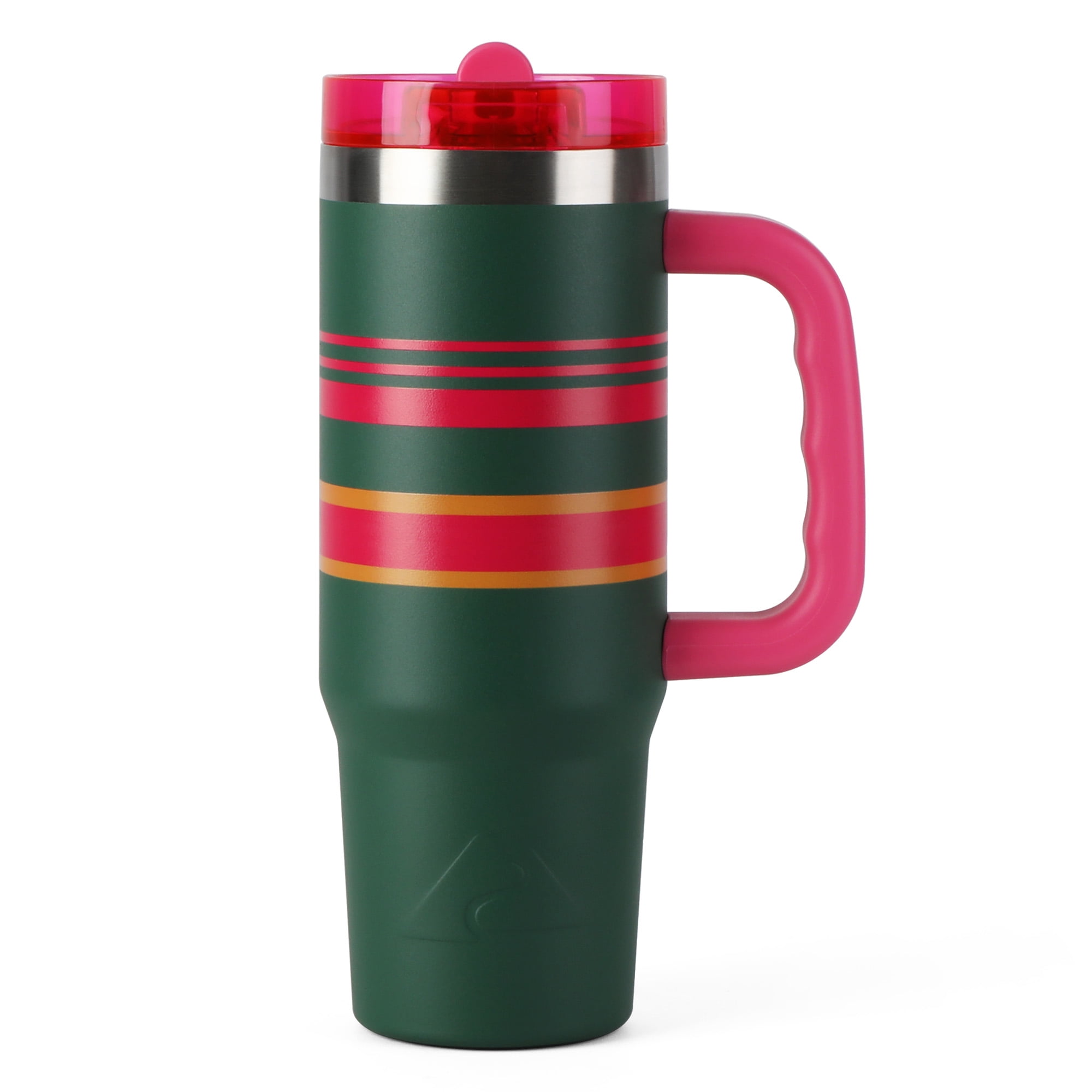 Ozark Trail Varsity 30 oz Stainless Steel Insulated Tumbler with Handle, Green and Pink Stripe
