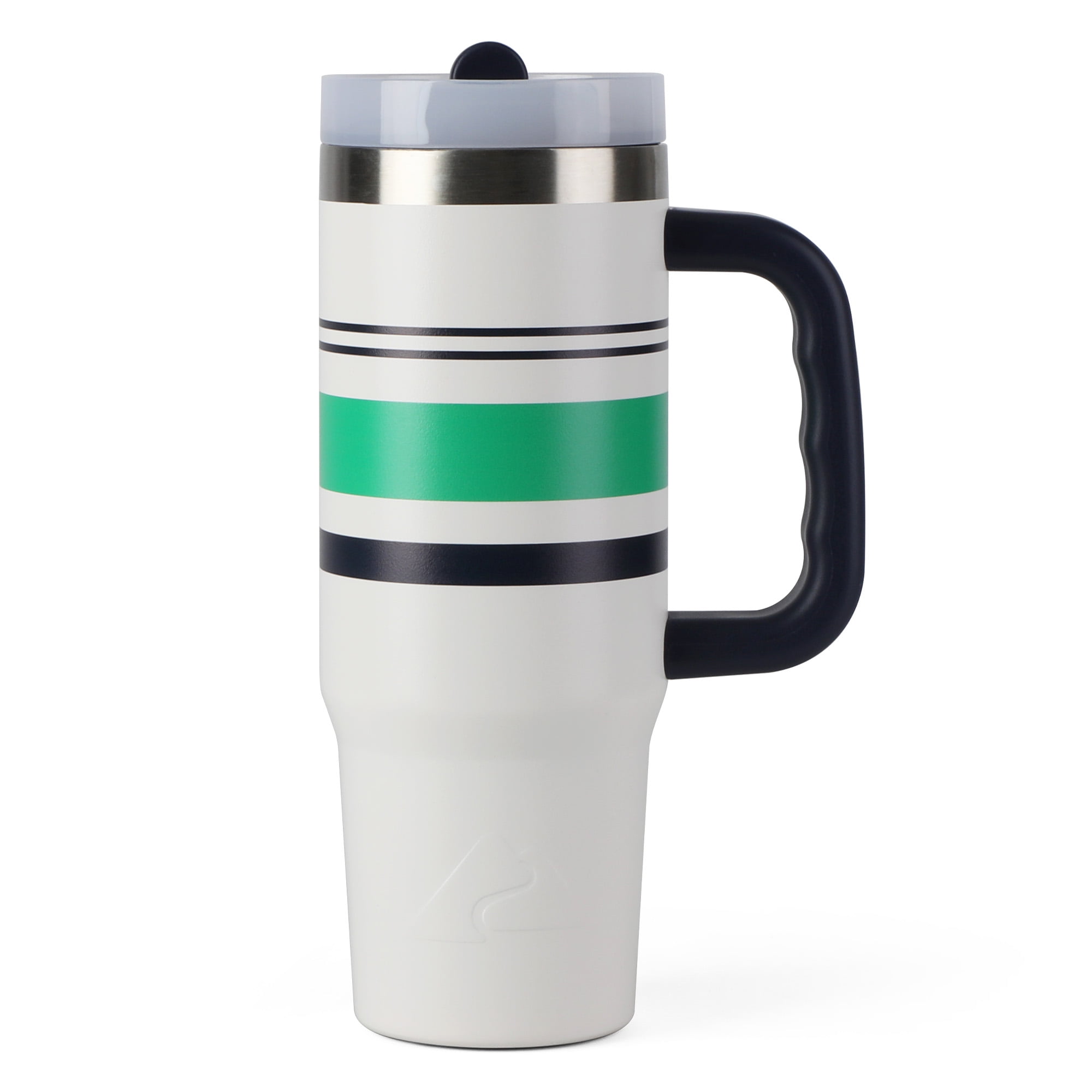 Ozark Trail 30 oz Stainless Steel Insulated Varsity Tumbler with Handle, White with Green Stripe