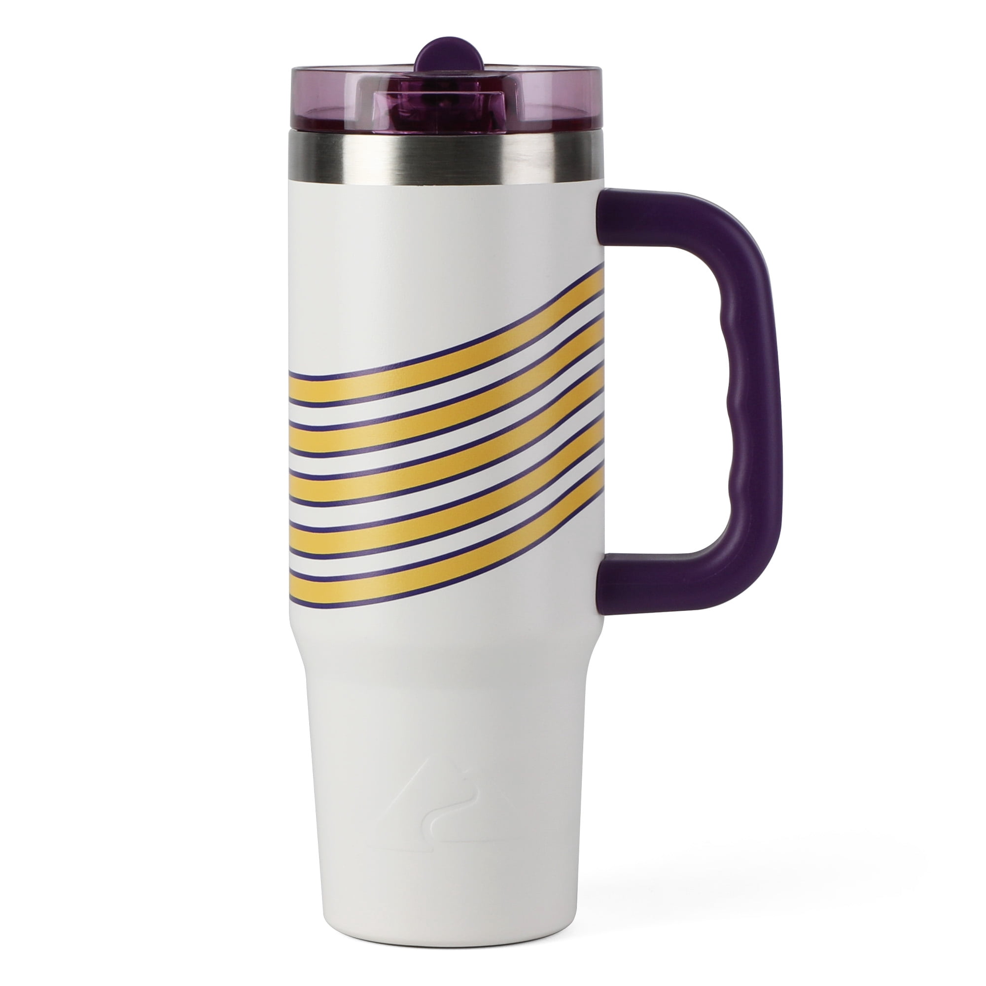Ozark Trail 30 oz Stainless Steel Insulated Tumbler with Handle, White with Purple and Yellow Varsity Stripes