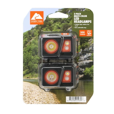 Ozark Trail 300 Lumen Multi-Color LED Headlamp 2-Pack, Red & Green Night Vision, Batteries Included