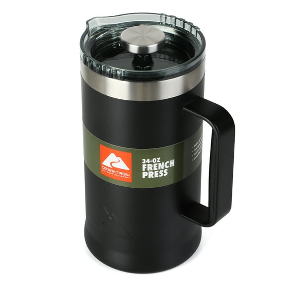 Ozark Trail 34 oz Double-Wall Stainless Steel French Press Black, Durable & Insulated Coffee Brewer