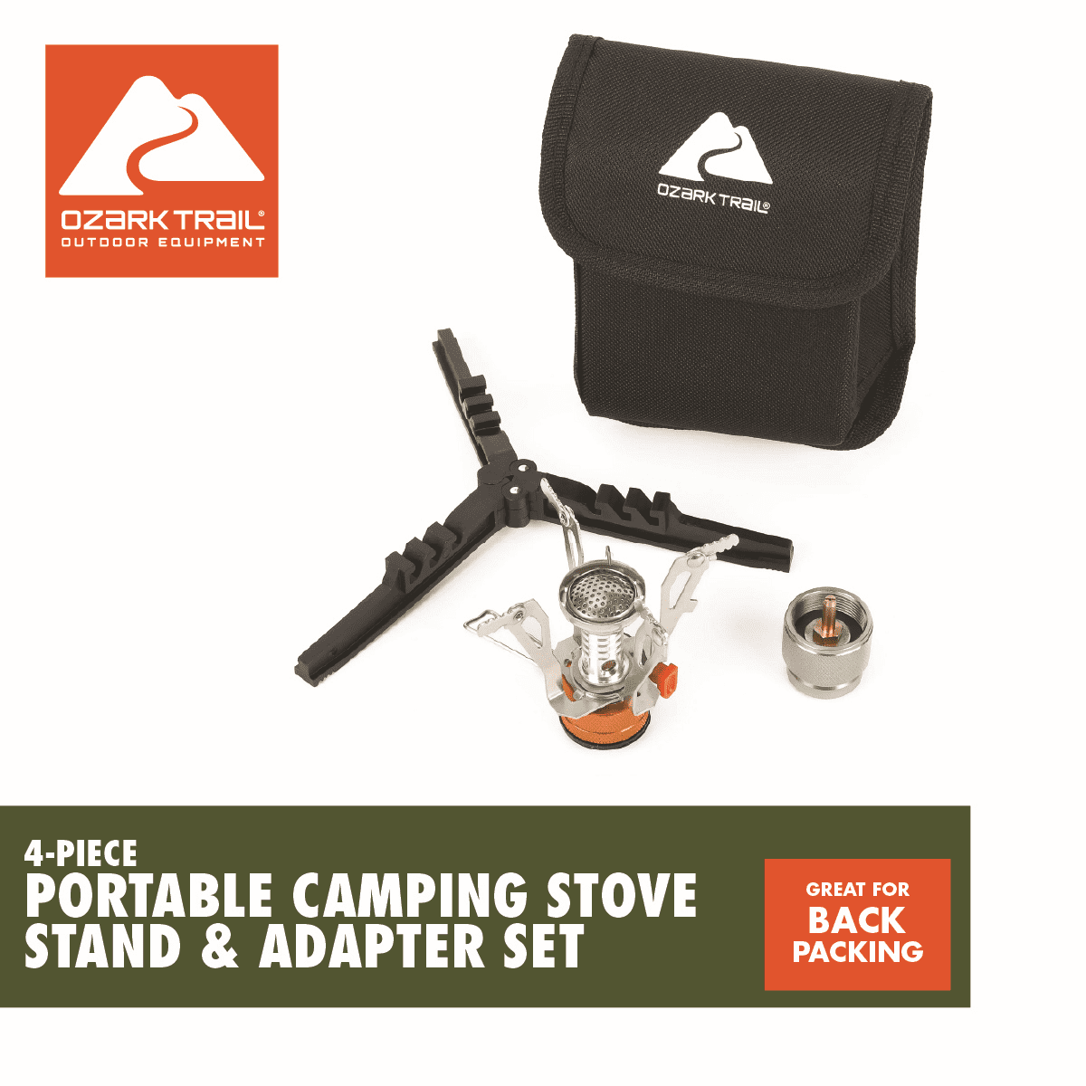 Ozark Trail 4 Piece Portable Camping Stove Adapter and Stand Set, Propane Compatible, All-in-One Kit