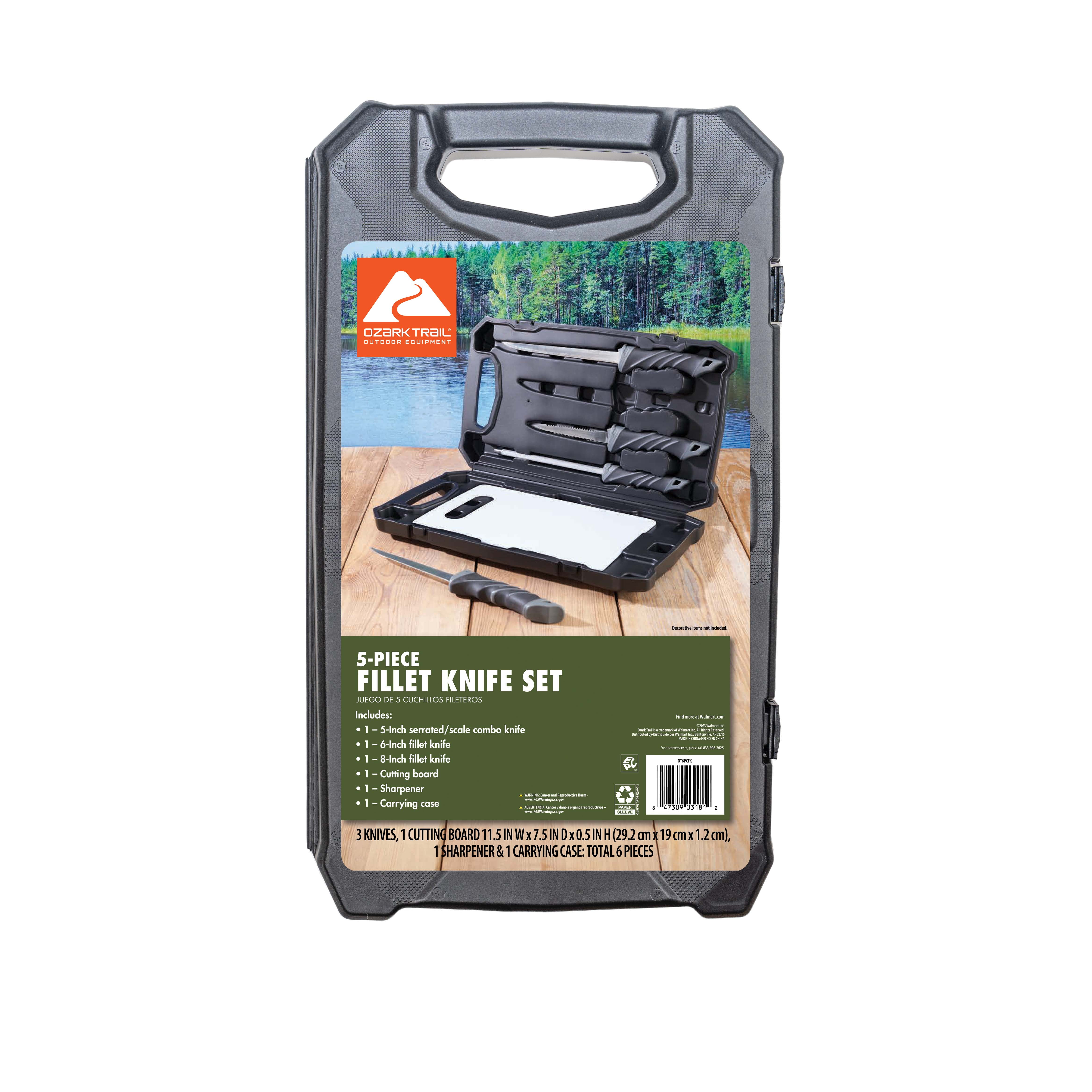 Ozark Trail 5-Piece Fish Fillet Knife Set with 6 in and 8 in Blades, Scaler and Sharpener, Fishing Cleaning Kit