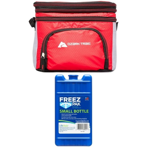 Ozark Trail 6-Can Soft Sided Cooler, Red, 1 Count and Freez Pak Small Ice, 1 Count