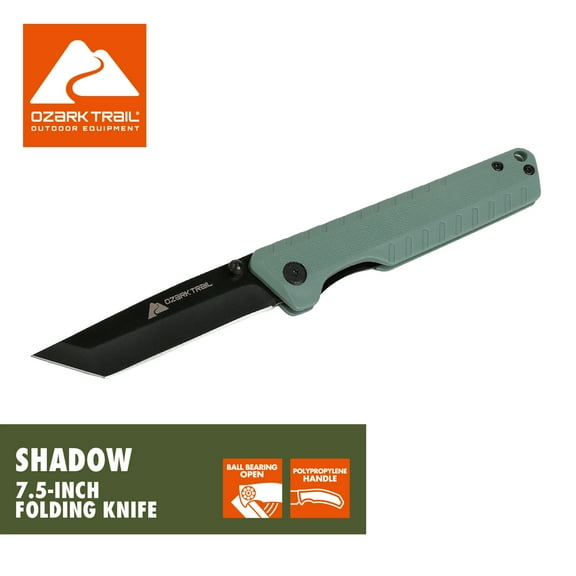 Ozark Trail Shadow 7.5 in Tanto Folding Knife, 3.25 in Stainless Steel Blade with Titanium Coating, Green