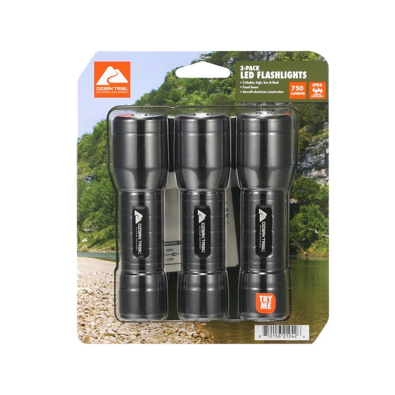 3 pack rechargeable flashlight Ozark Trail LED Flashlight 750 Lumen 3-Pack, Water-Resistant, Impact-Resistant, with Batteries, Size: 1.37 x 1.37 x 5.11