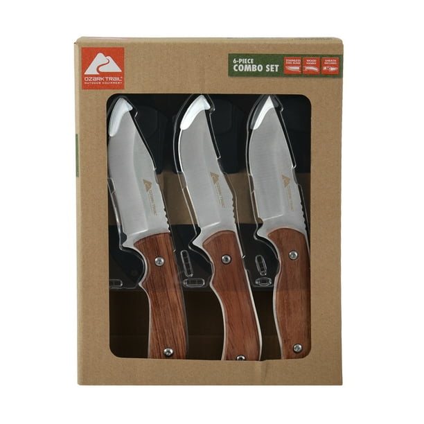 Ozark Trail 8 inch Fixed Blade Knife ,Wood Handle,Fixed Knife 3Pcs Set