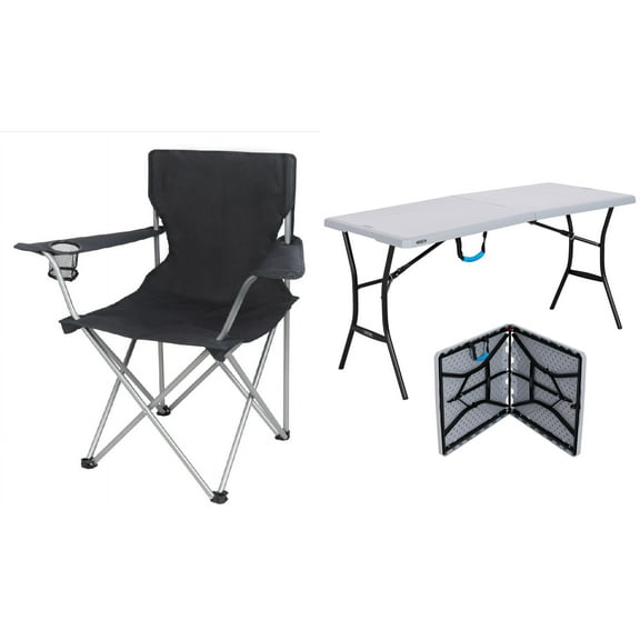 Ozark Trail Basic Quad Folding Camp Chair's, Black and Lifetime 5 Foot Rectangle Fold-in-Half Table, Indoor/Outdoor Essential, Gray, 60.3" x 25.5"