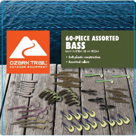Ozark Trail Soft Plastic Fishing Lures Value Grab Bag, 60 Pieces, Bass