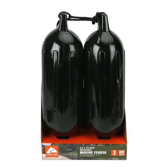 Ozark Trail 2-pack Inflatable Boat Fenders – Black 6.5x23" with Fender Lines, Bumpers Buoys
