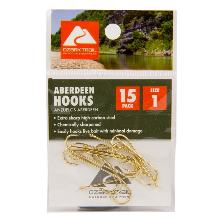 Ozark Trail Gold Aberdeen Light Wire Fishing Hooks Size 1 - 15 Pack