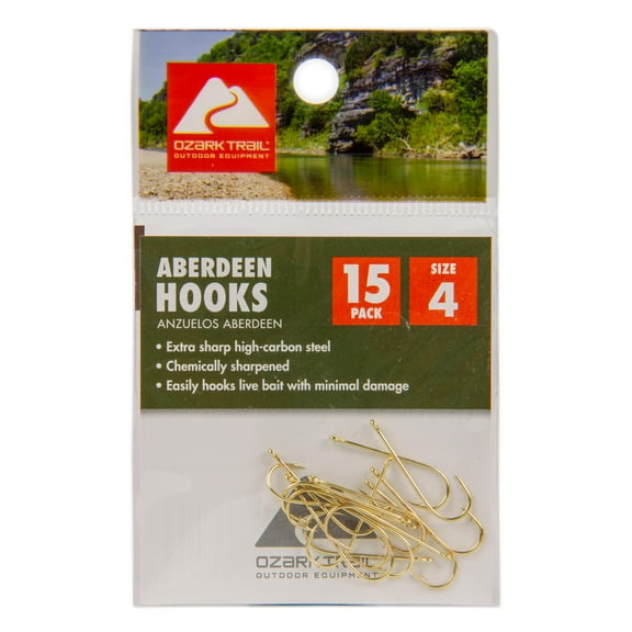 Ozark Trail Gold Aberdeen Light Wire Fishing Hooks Size 4 - 15 Pack