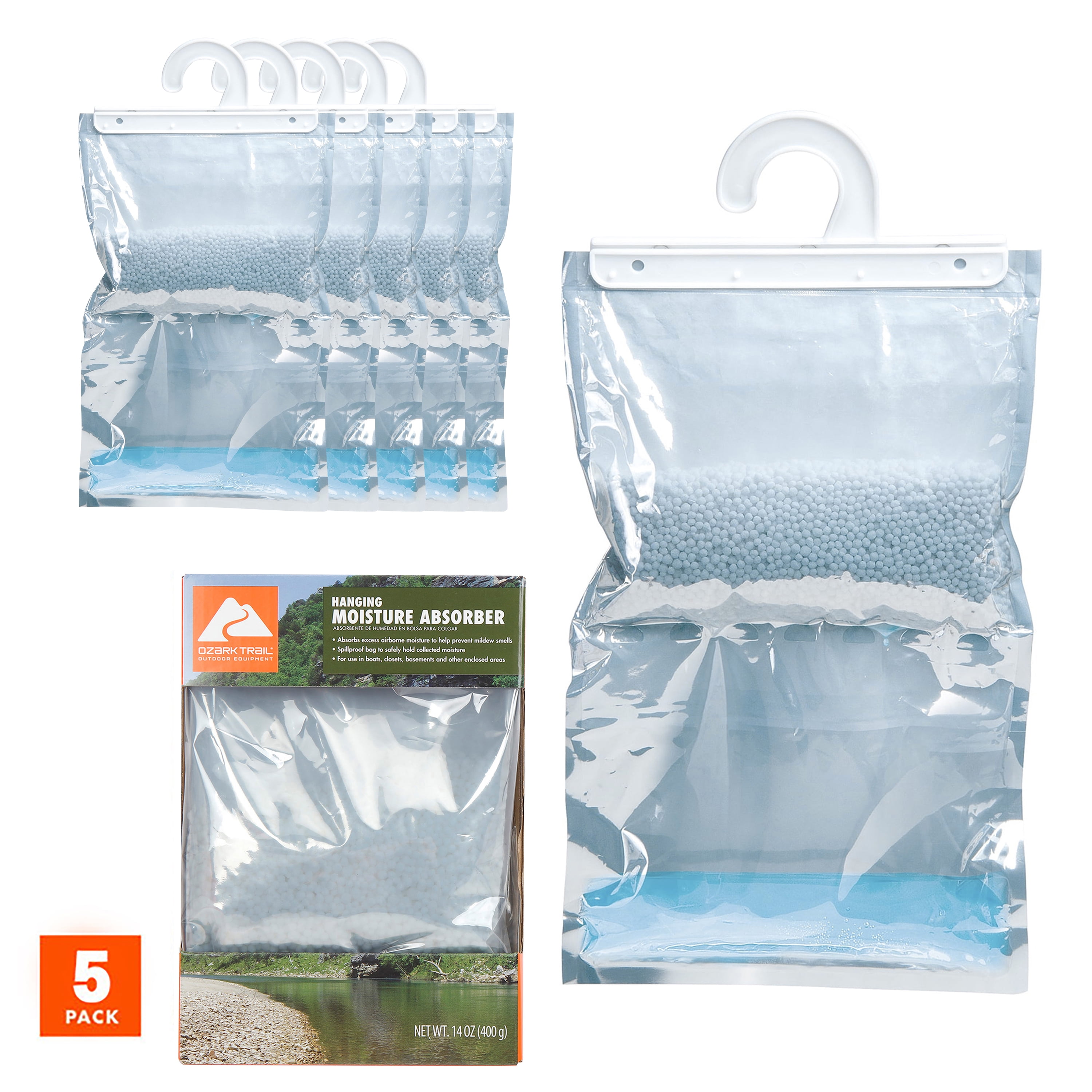 Walmart daily deals:  Ozark Trail Hanging Bag Moisture Absorber Dehumidifier, Value 5 Pack, Closets, Boats, Fragrance Free