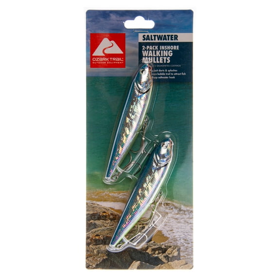 Ozark Trail Hard Plastic Saltwater Walking Fishing Lure, 2-Pack, Painted in Fish Attracting Colors
