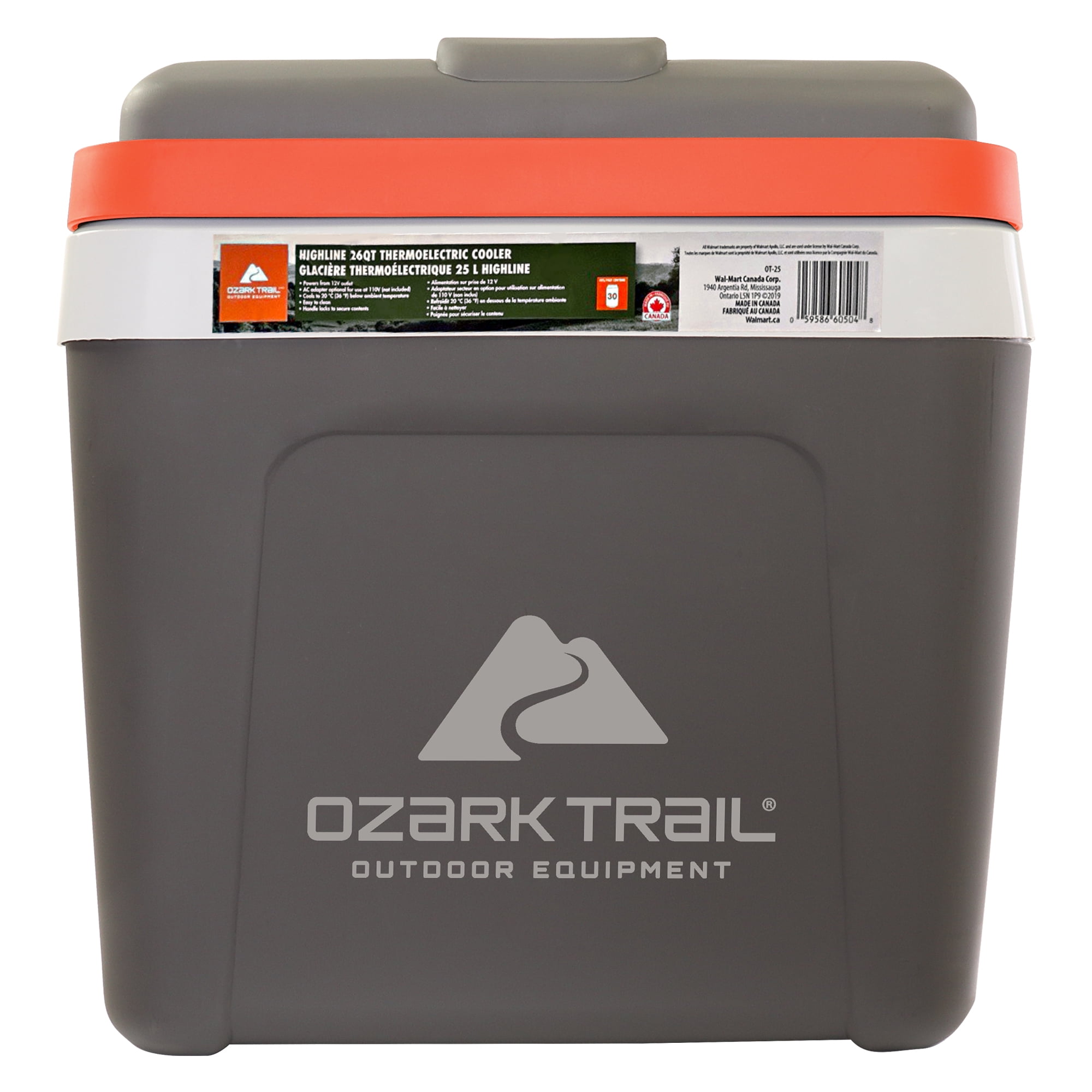 Ozark Trail Highline Thermoelectric Cooler 30 Cans Portable Cooler Travel 24 L/26qt 12V Iceless, Grey