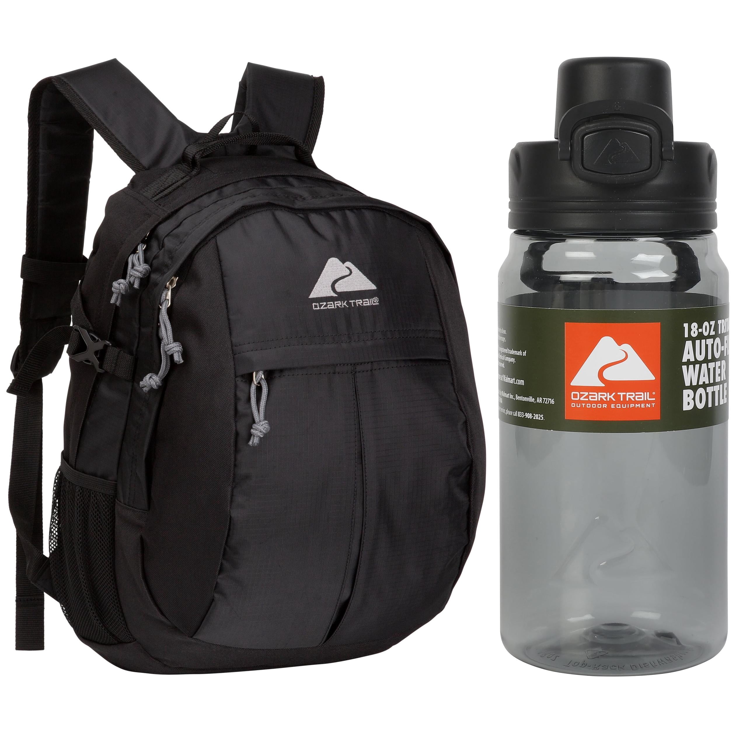 Ozark Trail Hiker Backpack 25 Liter, Black, Polyester, Adult, Teen + Ozark Trail 18 oz Tritan Flip-Top Water Bottle, Gray