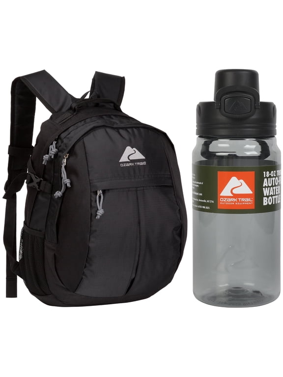 Hiker Backpack 25 Liter, Black, Polyester, Adult, Teen + Ozark Trail 18 oz Tritan Flip-Top Water Bottle, Gray