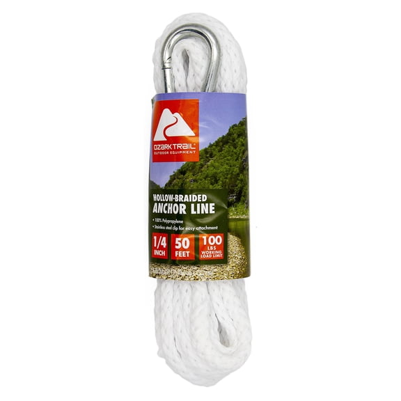 Ozark Trail Hollow-Braided Polypropylene Anchor Line, 1/4 in x 50 ft, 100 lb Maximum Working Load, White