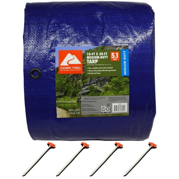 Ozark Trail Medium-Duty Tarp, 10' x 20', Material PE and Coghlan's 10" Steel Nail Pegs, Tent Stake For Hard Ground