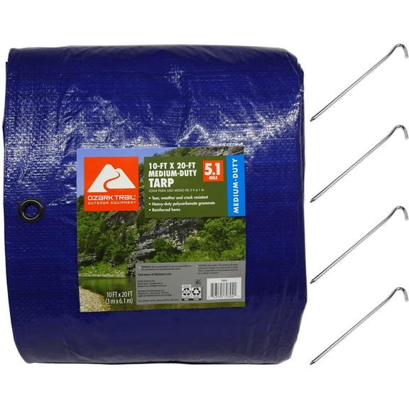 Ozark Trail Medium-Duty Tarp, 10' x 20', Material PE and Coghlan's Steel 7" Tent Stake