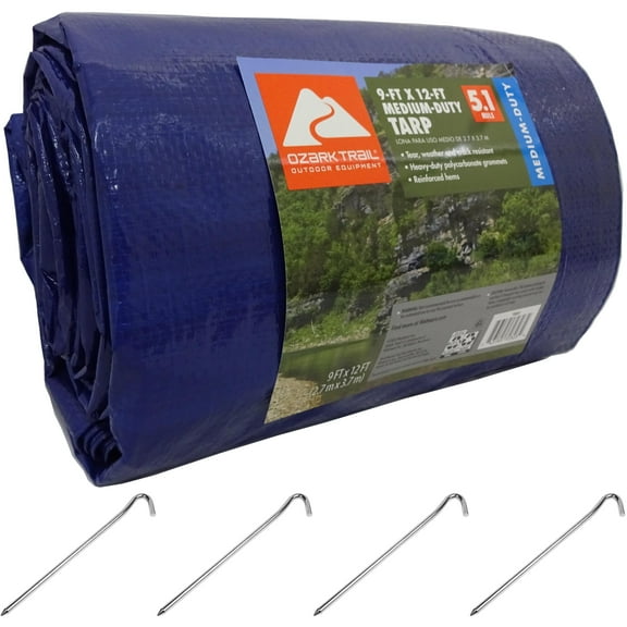 Ozark Trail Medium Duty Tarp, 9' x 12', Material PE and Coghlan's Steel 7" Tent Stake
