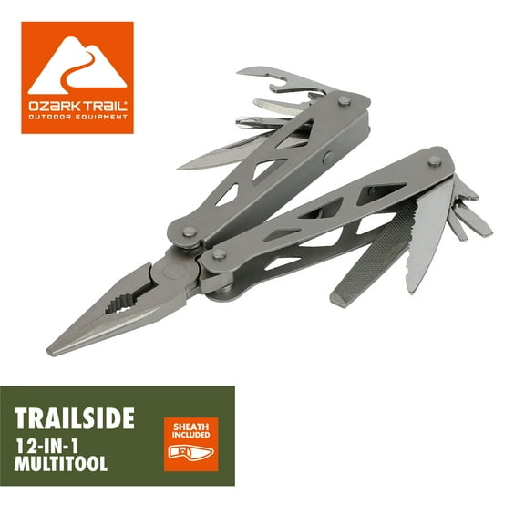 Ozark Trail 12-in-1 Multitool, Silver, Sheath Included, Compact Durable Outdoor Tool