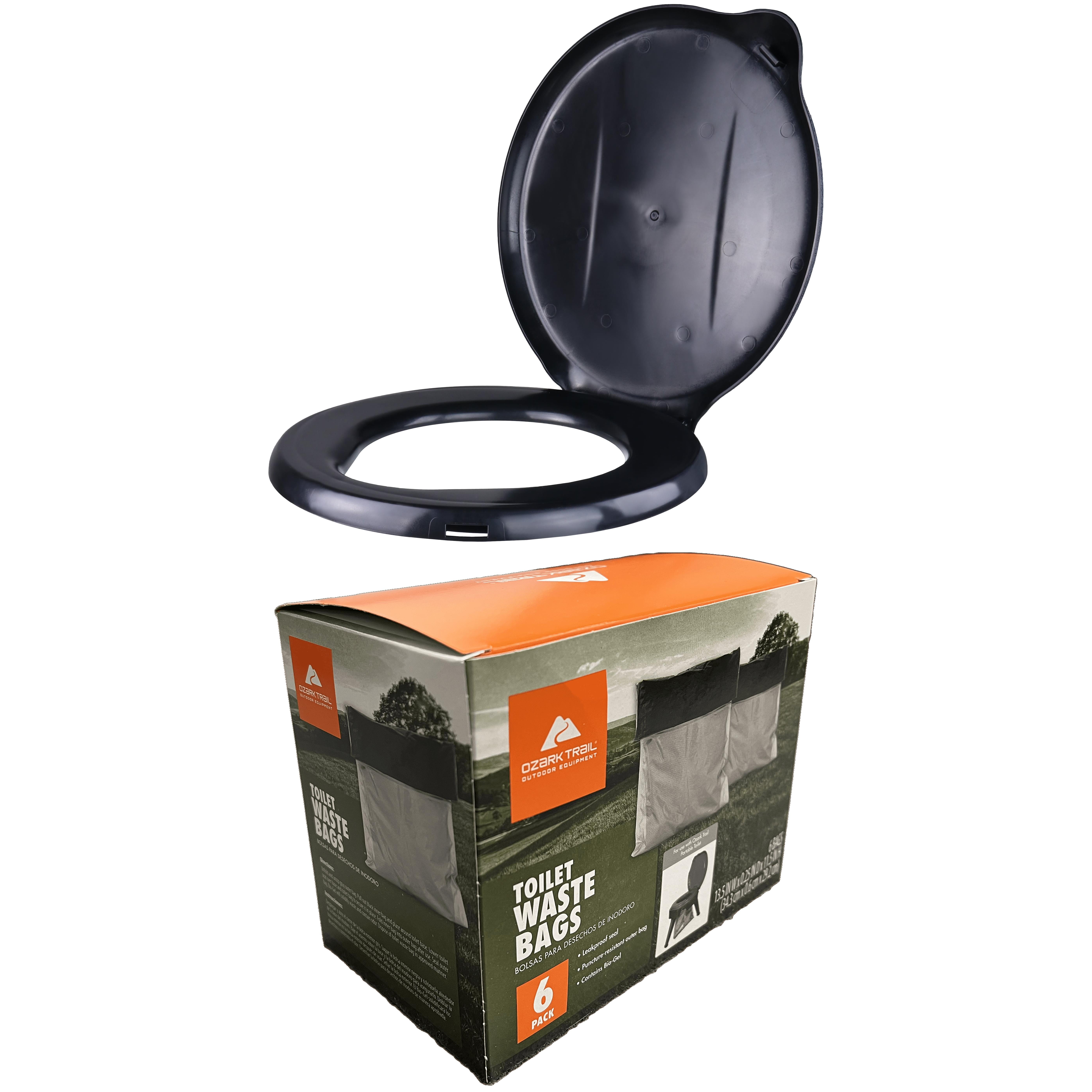 Ozark Trail Portable Outdoor Snap on Toilet Seat Cover with Folding Lid, Black + Reliance Brand Double Doodie 2L Portable Camping Toilet Plastic Waste Bags (6 Pack)