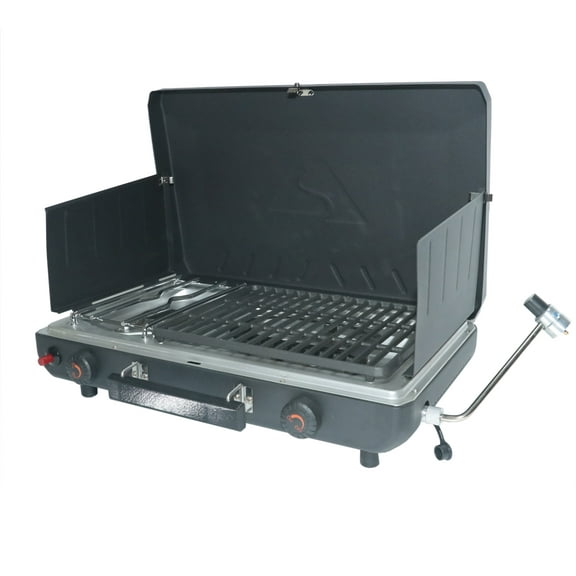 Ozark Trail 2 Burner Black Propane 2-in-1 Portable Camp Stove and Grill, Model GCT2220WB, New