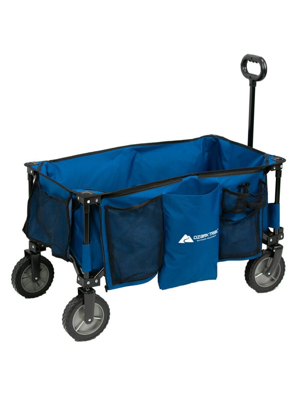 Ozark Trail Quad Fold Camping Wagon with Telescoping Handle, Blue, Polyester