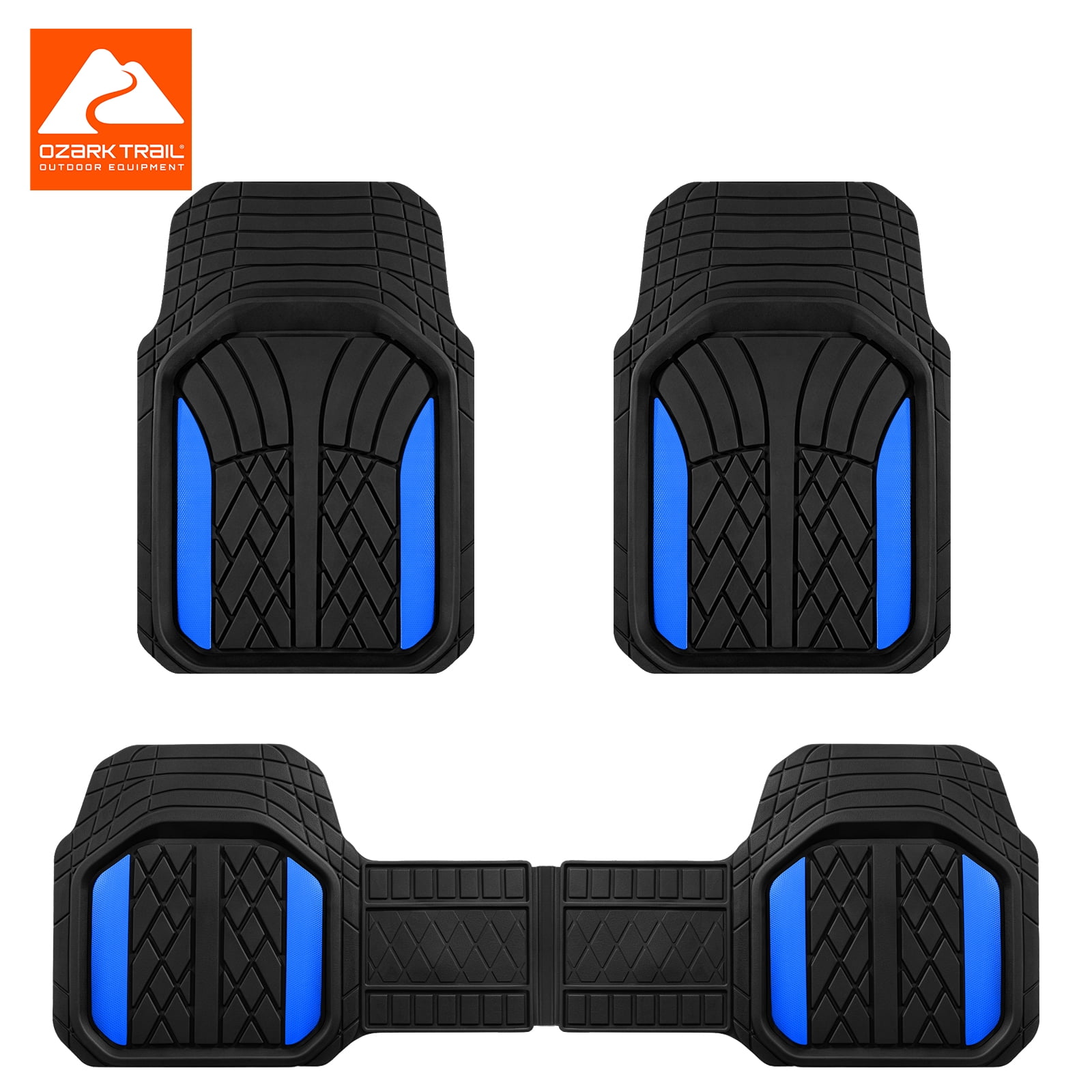 Ozark Trail Rubber Car Floor Mats, Heavy Duty Rubber Floor Mats, Injection Molded Aluminum Film, Trim-to-Fit All Weather Mats, Waterproof Easy-Clean Front and Rear Interior Protection, 3 Piece Blue