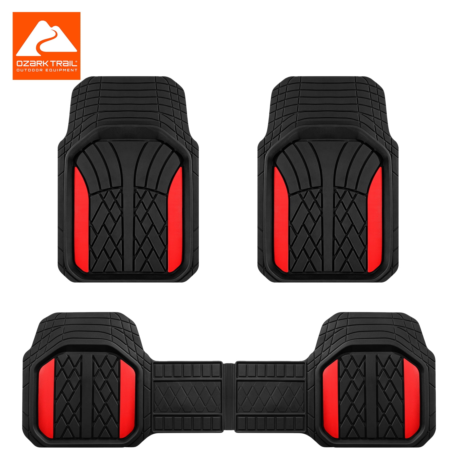 Ozark Trail Rubber Car Floor Mats, Heavy Duty Rubber Floor Mats, Injection Molded Aluminum Film, Trim-to-Fit All Weather Mats, Waterproof Easy-Clean Front and Rear Interior Protection, 3 Piece Red