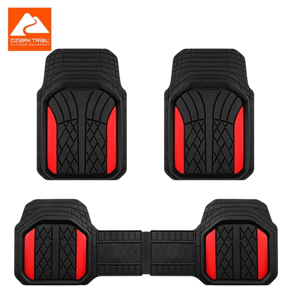 Ozark Trail Rubber Car Floor Mats, Heavy Duty Rubber Floor Mats, Injection Molded Aluminum Film, Trim-to-Fit All Weather Mats, Waterproof Easy-Clean Front and Rear Interior Protection, 3 Piece Red