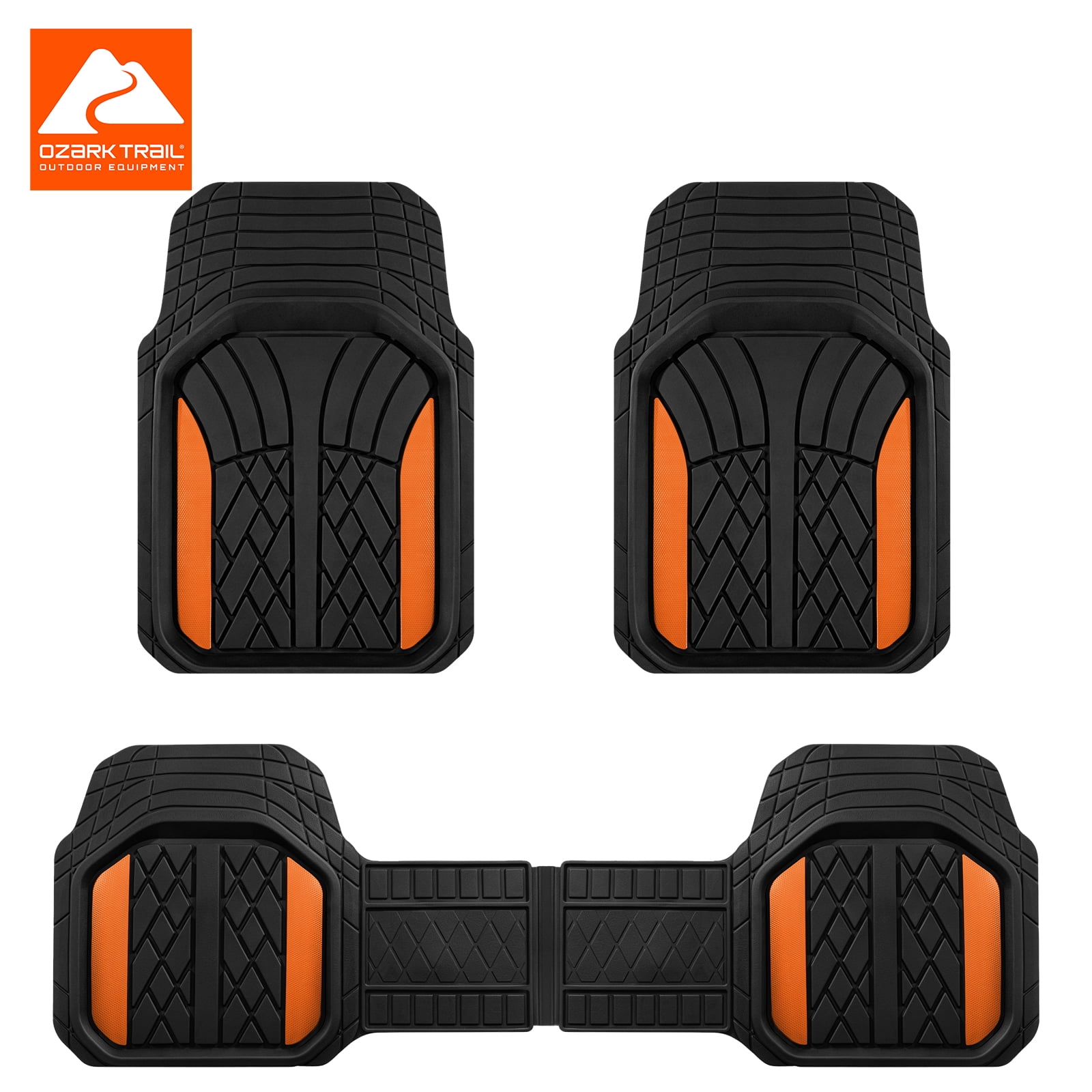 Ozark Trail Rubber Car Floor Mats, Heavy Duty Rubber Floor Mats, Injection Molded Aluminum Film, Trim-to-Fit All Weather Mats, Waterproof Easy-Clean Front and Rear Interior Protection, 3 Piece Orange