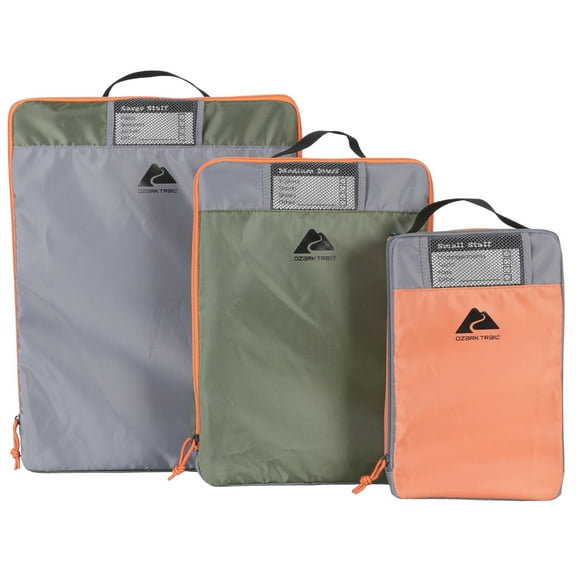 Ozark Trail Set of 3 Non-structured Polyester Camping Organizer Cubes, Various Sizes, Orange, Grey, & Green
