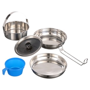 Kit de cocina para acampar de 5 piezas de acero inoxidable, aluminio y plástico que ahorra espacio