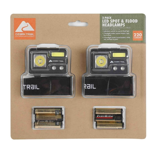 Ozark Trail Ultra Bright LED 220 Lumens Headlamps, 6 AAA Batteries, 2