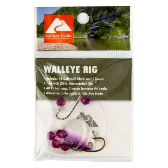 Ozark Trail Walleye Double Hook Fishing Rig with Purple Pearl Blade, 20lb Test, 36 Inch