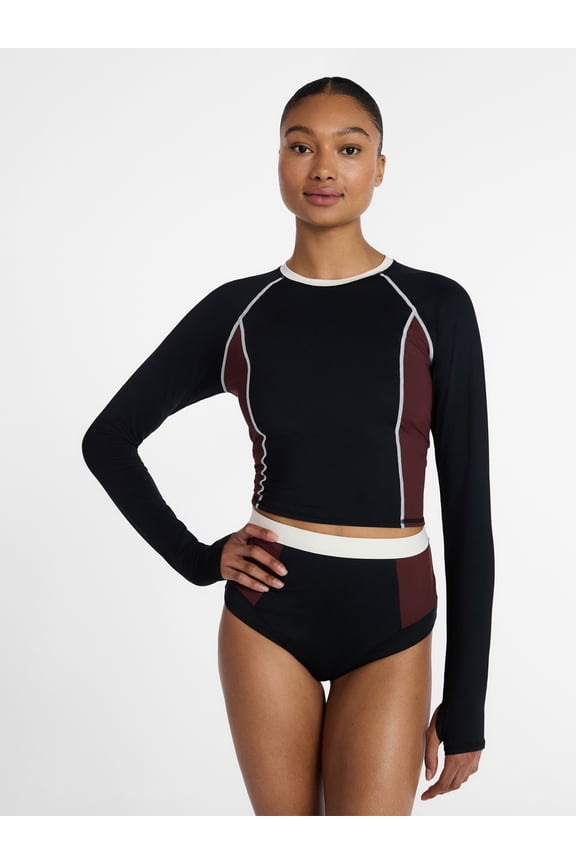 Women's and Women's Plus Size Rash Guard Swim Top with Long Sleeves, Size XS-3X