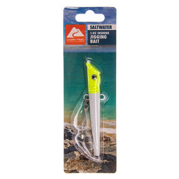 Ozark Trails 1 ounce Saltwater Inshore Fishing Jigging Lure, In fish attracting colors. Chartreuse head White body color.