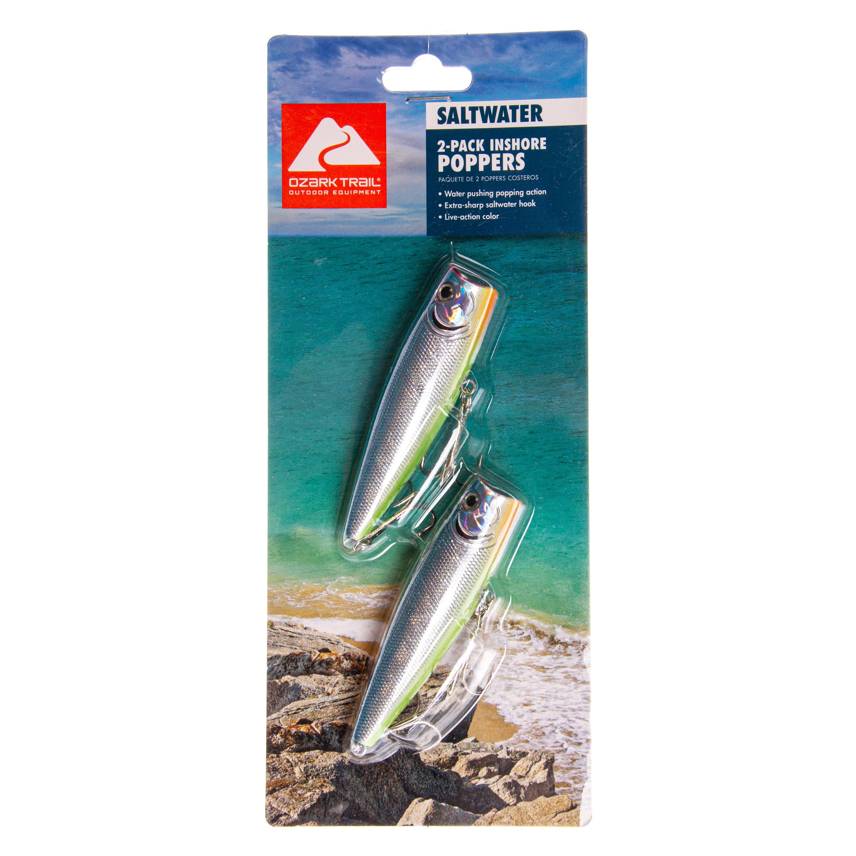 Ozark Trails Hard Plastic Saltwater Inshore Popper Fishing Lures, 2-pack.  Painted in fish attracting colors.