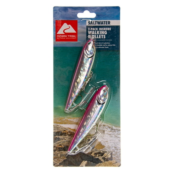 Ozark Trails Hard Plastic Saltwater Inshore Walking Mullet Fishing Lures, 2-Pack, Fish Attracting Colors