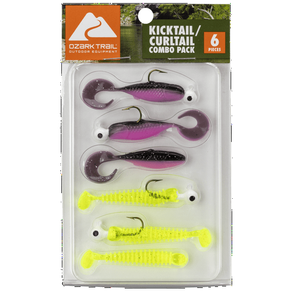 Ozark Trails Kicktail/Curltail Combo Pack Chartreuse Silver Flake-Black Bubble Gum Panfish Lure